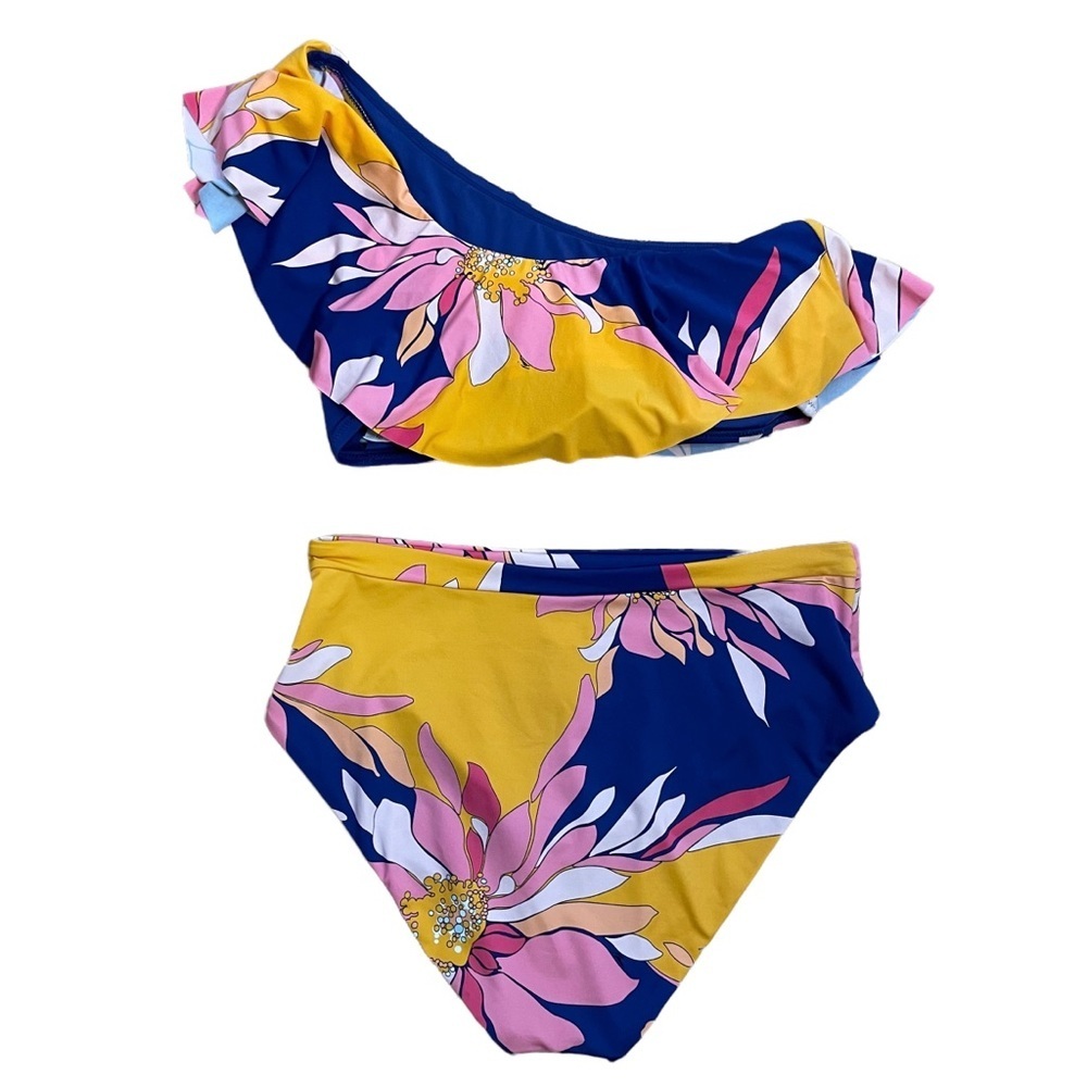 Trina Turk | Breeze Asymmetrical Bandeau High Waist Bikini 2 Piece Size 14 - Picture 4 of 10